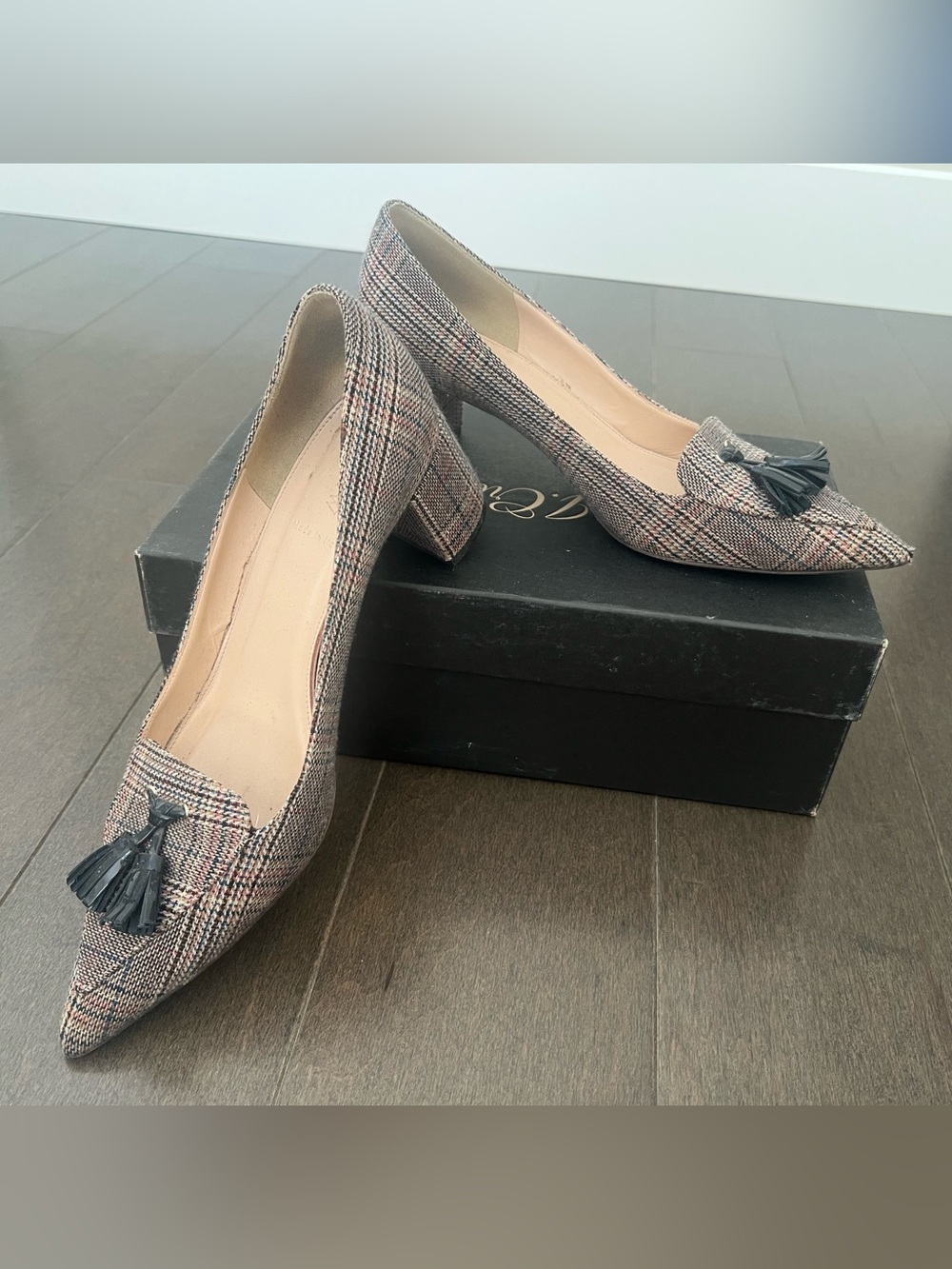 J. Crew Sophisticated Plaid Pointed Block Heel Pumps with Black Tassel